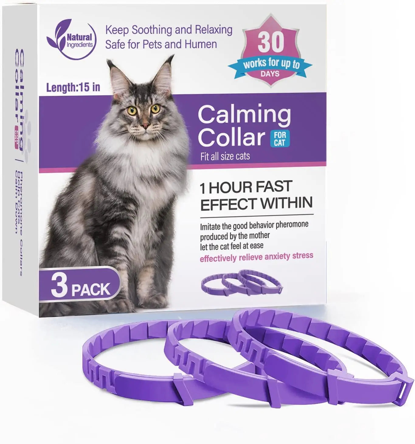 3-Pack Calming Collars for Dogs & Cats - 30 Day Pheromone Anxiety Relief