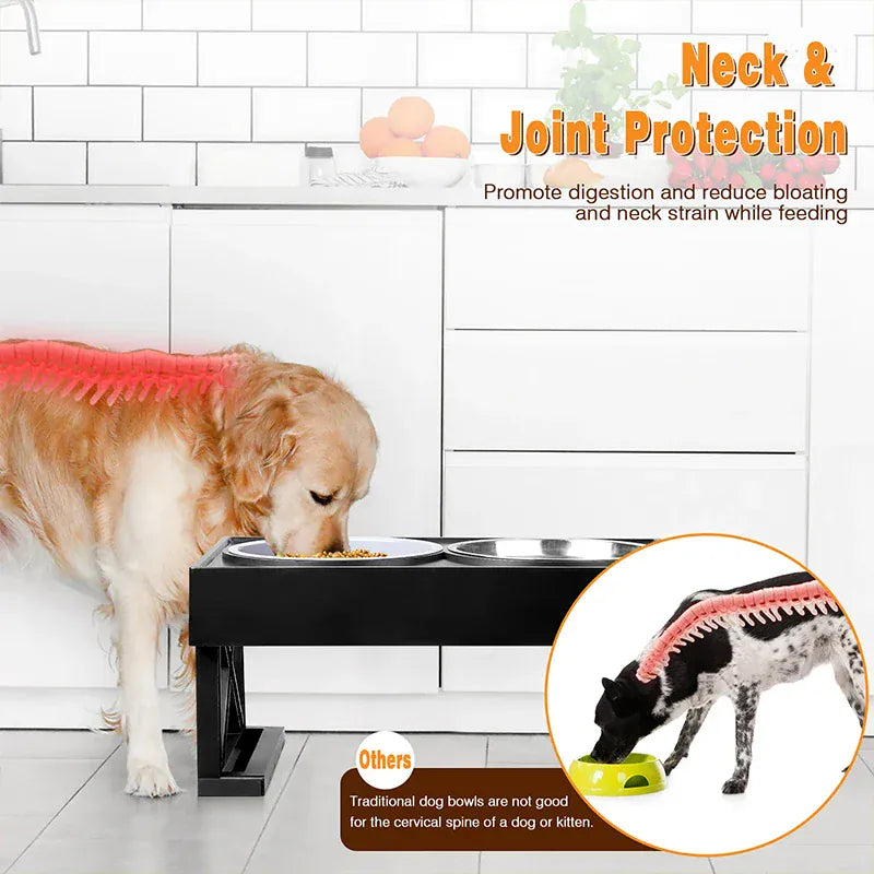 Adjustable Elevated Dog Bowl Stand - 3-Height Raised Feeder with Slow Feed Inserts