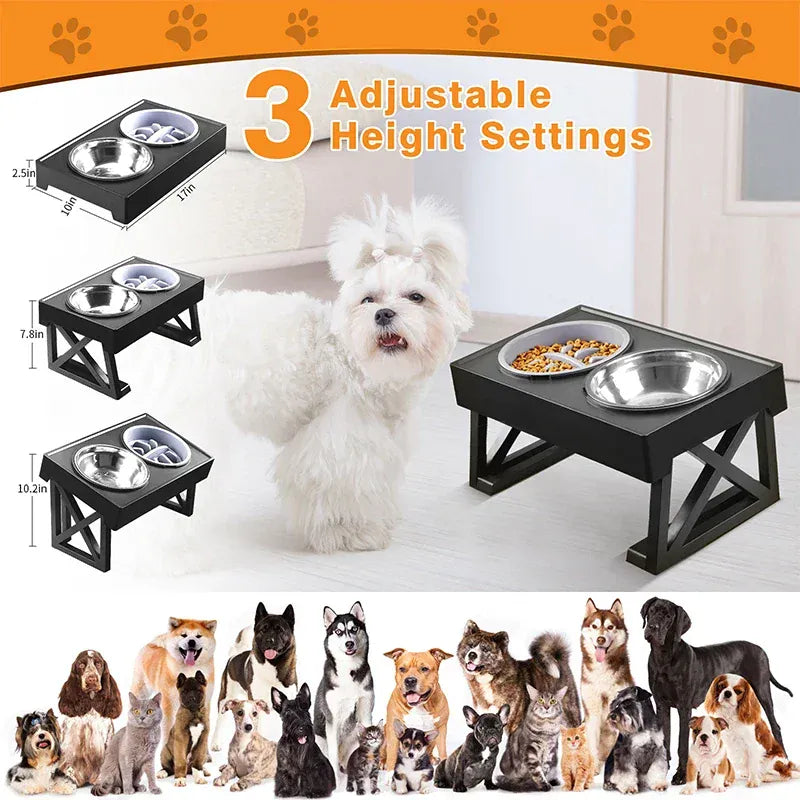 Adjustable Elevated Dog Bowl Stand - 3-Height Raised Feeder with Slow Feed Inserts
