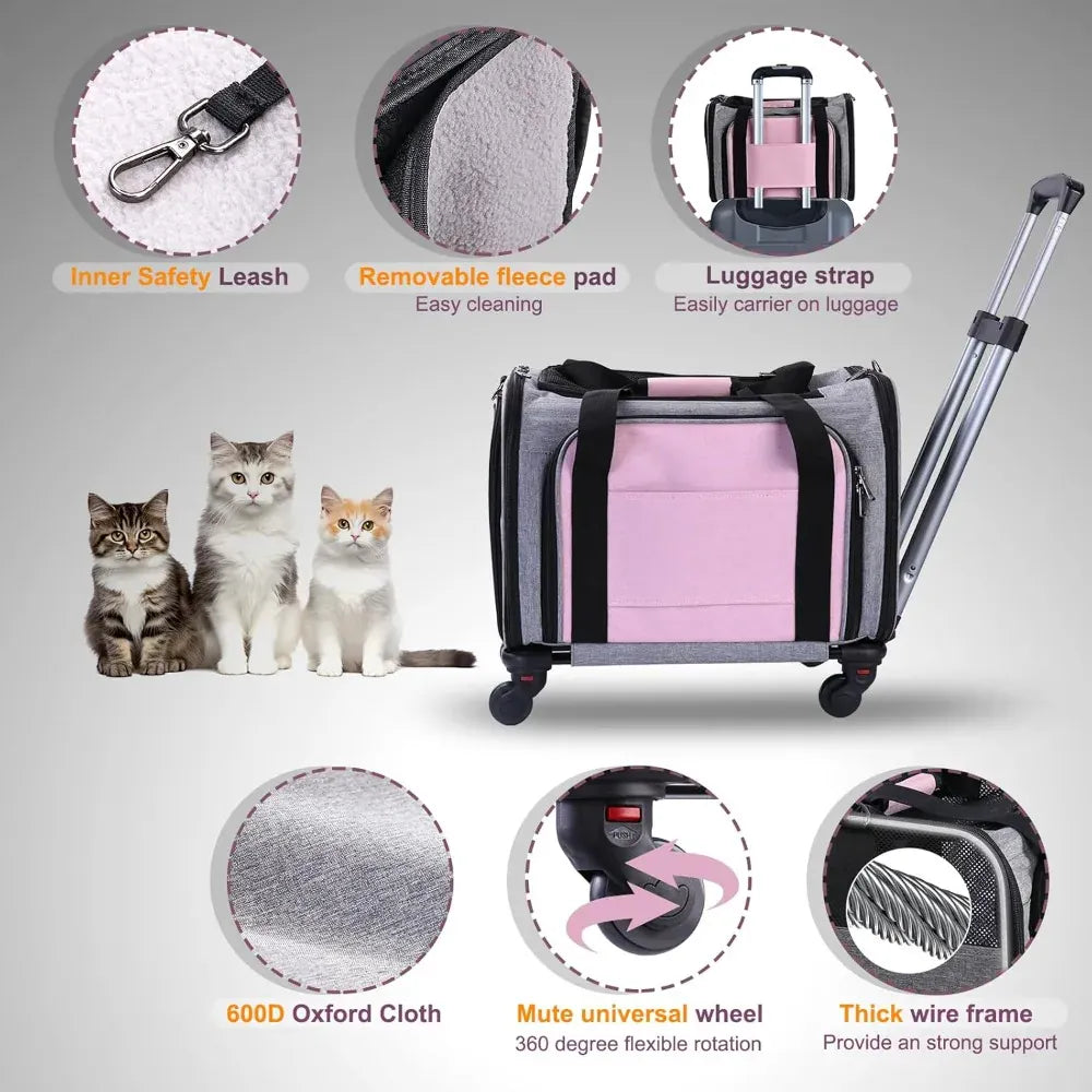 Airline Approved Rolling Cat Carrier - Expandable Soft-Sided Pet Travel Bag