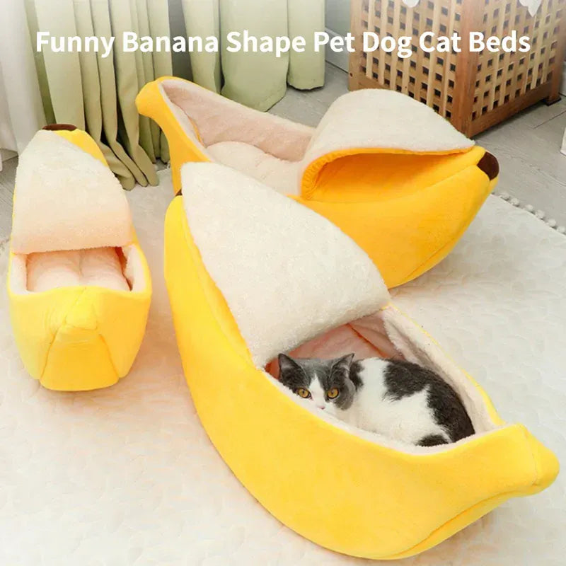 Banana Pet Bed Cat Nest - Cozy Winter Warm Cat & Small Dog House, Soft Coral Fleece for Chinchillas, Squirrels, Small Pets (Multiple Colors)
