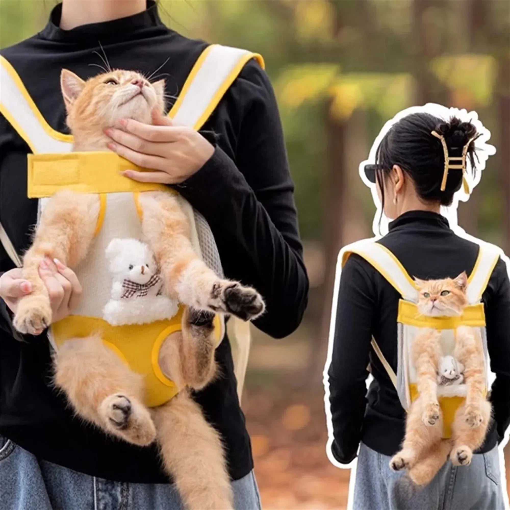 Bear Design Pet Carrier Backpack - Hands-Free Front & Back Cat Carrier with Legs-Out Design, Adjustable Breathable Pet Travel Bag (4 Sizes)