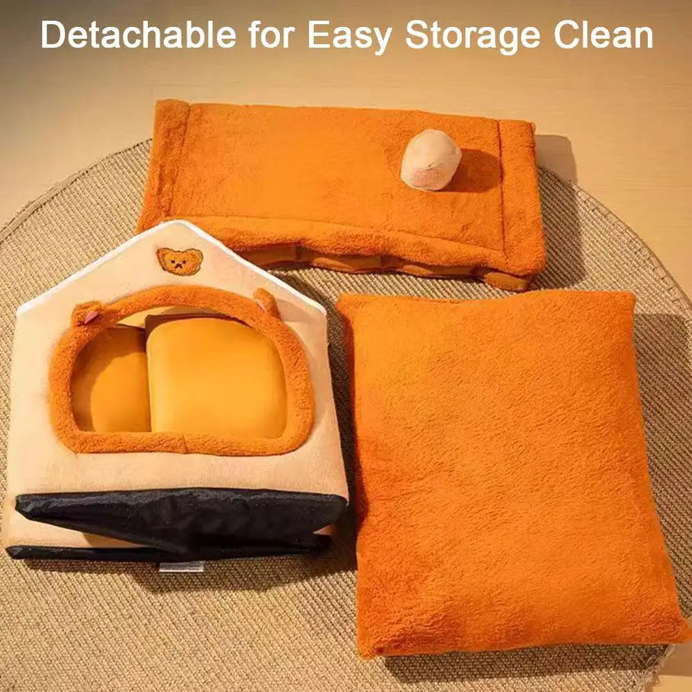 Bear Ear Pet House - Thickened Winter Warm Cat Bed with Removable Cushion