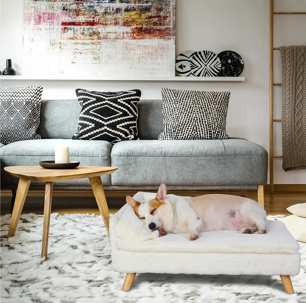 BINGOPAW Nordic Pet Sofa Bed - Elevated Dog & Cat Couch with Wooden Legs, Waterproof & Plush, for Small Pets, Beige