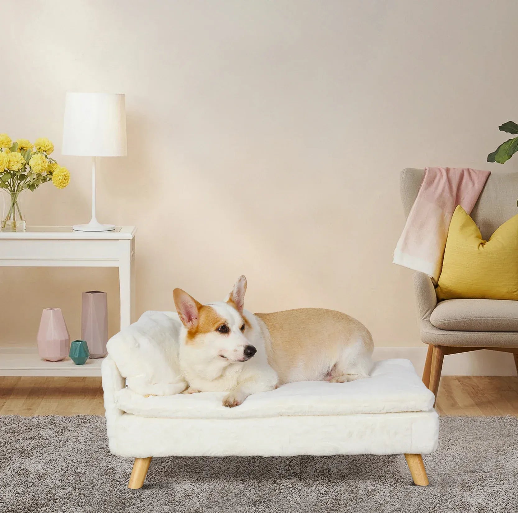 BINGOPAW Nordic Pet Sofa Bed - Elevated Dog & Cat Couch with Wooden Legs, Waterproof & Plush, for Small Pets, Beige