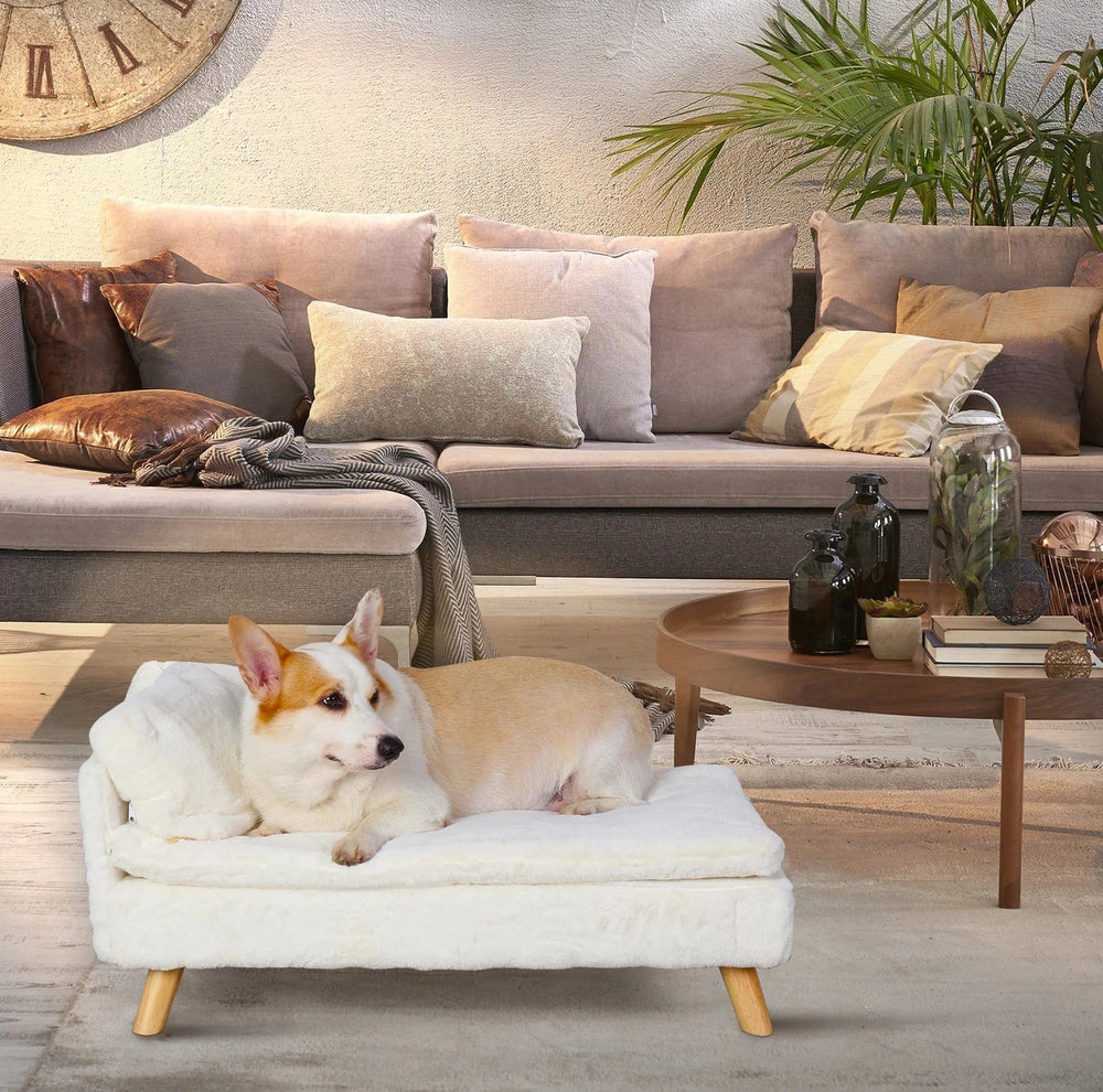 BINGOPAW Nordic Pet Sofa Bed - Elevated Dog & Cat Couch with Wooden Legs, Waterproof & Plush, for Small Pets, Beige