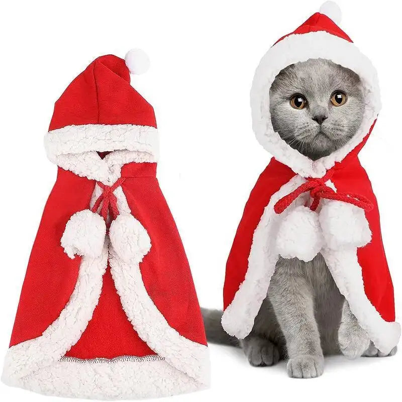 Cat Christmas Costume – Santa Claus Cosplay Cape & Scarf | Funny Pet Xmas Cloak for Cats & Small Dogs | Winter Dress-Up Outfit