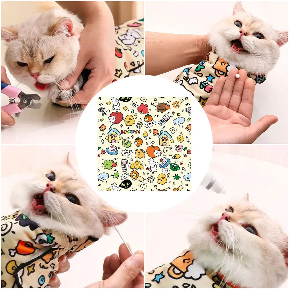 Cat Grooming Restraint Wrap - Self-Adherent Burrito Swaddle for Safe Handling