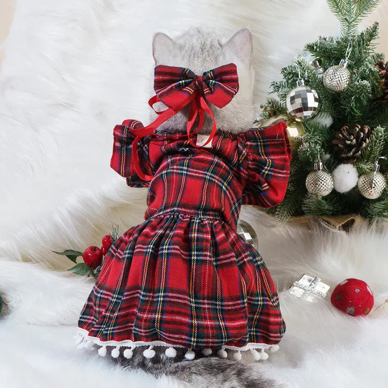 Christmas Dog Dress | Winter Pet Clothing Skirt for Small Dogs & Cats | Holiday Checker Outfit | Cute Xmas Cosplay Dress for Puppies