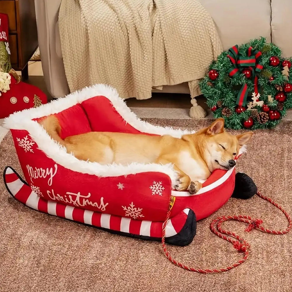 Christmas Pet Sofa Bed - Sleigh Design Cat Dog Bed with Removable Frame, Winter Warm Plush Cushion for Small Medium Pets