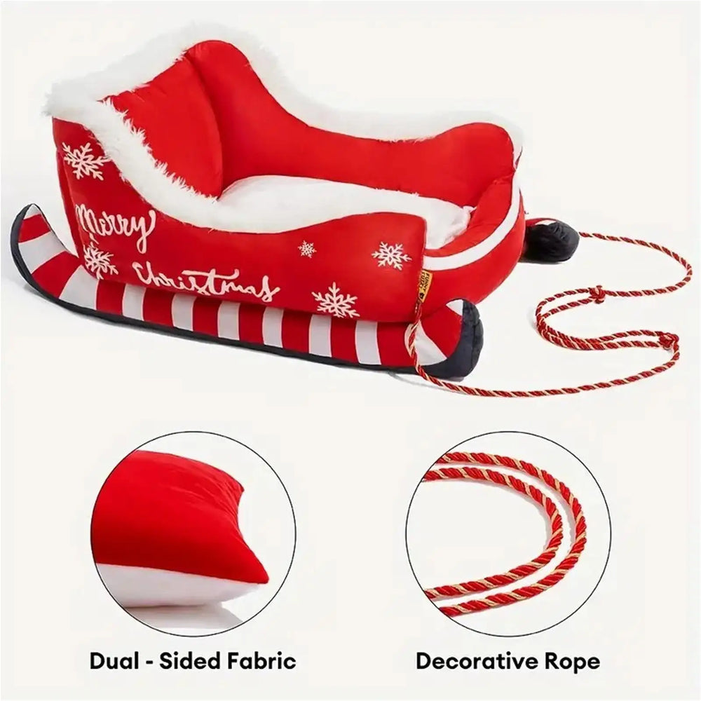 Christmas Pet Sofa Bed - Sleigh Design Cat Dog Bed with Removable Frame, Winter Warm Plush Cushion for Small Medium Pets