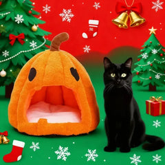 Christmas Pumpkin Pet Bed – Warm Winter Cat & Dog House with Removable Cushion
