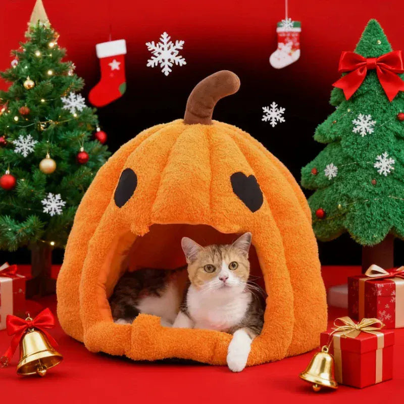 Christmas Pumpkin Pet Bed – Warm Winter Cat & Dog House with Removable Cushion