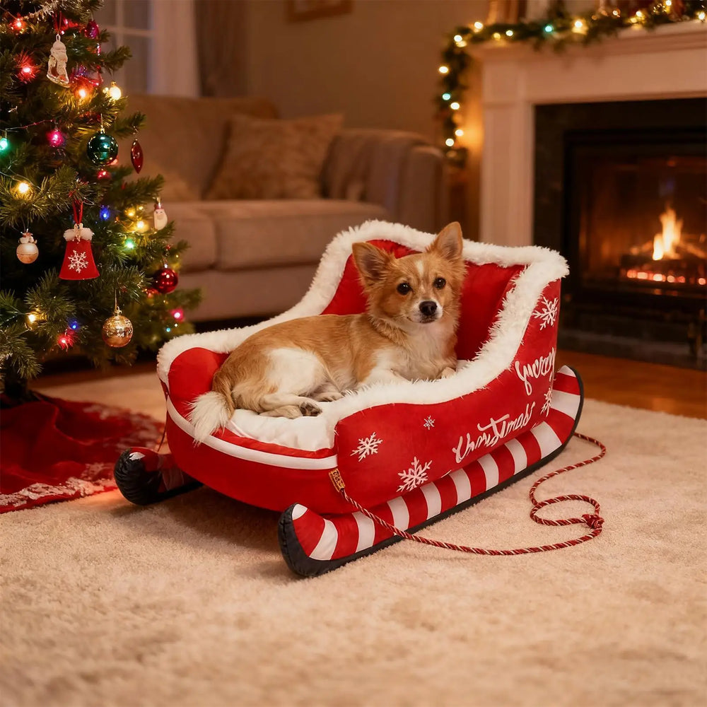 Christmas Sleigh Pet Bed – Warm Washable Dog & Cat Cushion with Non-Slip Base