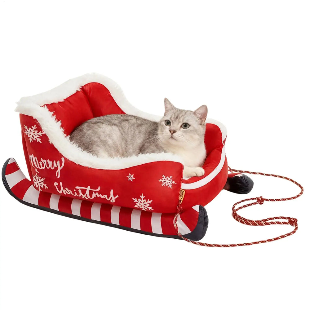 Christmas Sleigh Pet Bed – Warm Washable Dog & Cat Cushion with Non-Slip Base