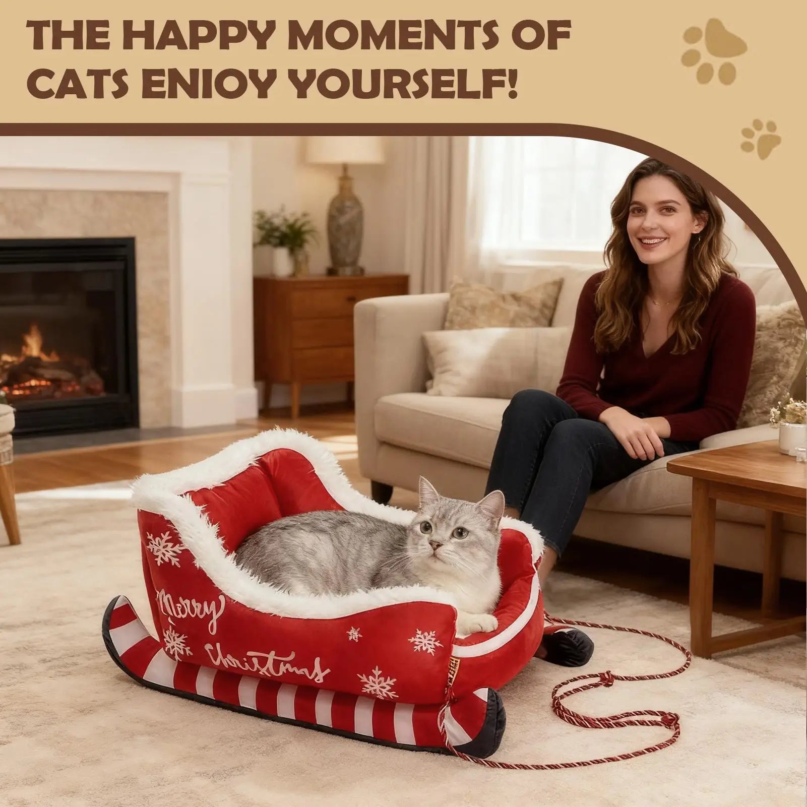 Christmas Sleigh Pet Bed – Warm Washable Dog & Cat Cushion with Non-Slip Base