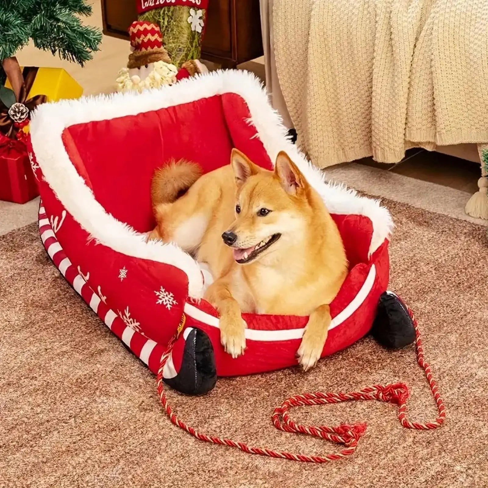 Christmas Sleigh Pet Bed – Warm Washable Dog & Cat Cushion with Non-Slip Base