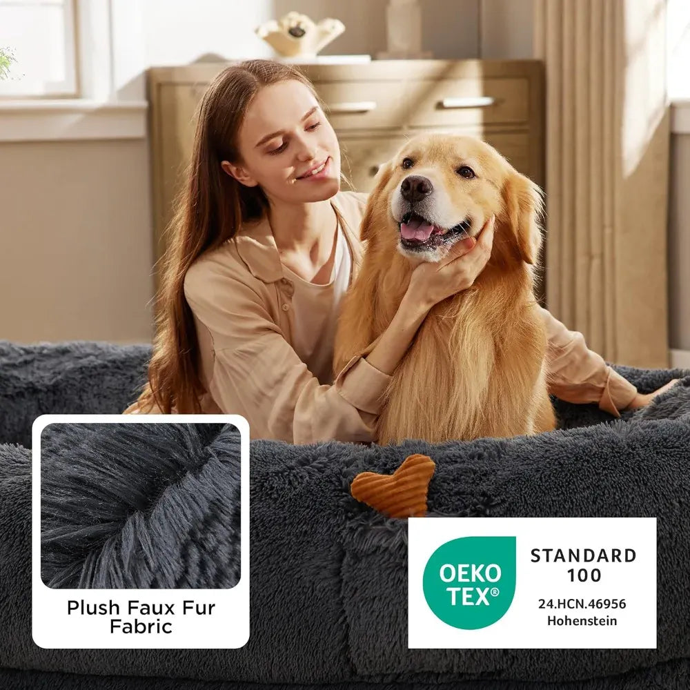 DAFIFY Human Dog Bed for Adults - Giant 71x44 Inch Calming Couch with Orthopedic Support & Storage Pocket, Washable Cover, Fits People and Pets