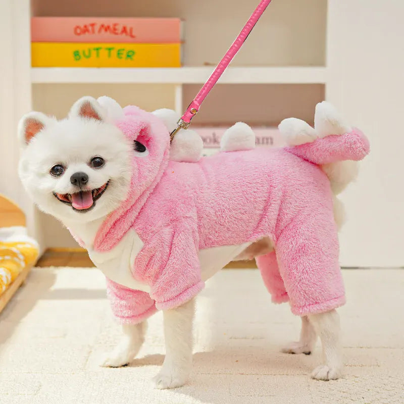 Dinosaur Transforming Dog Clothes - Flannel Winter Jumpsuit with Fun Costume Design