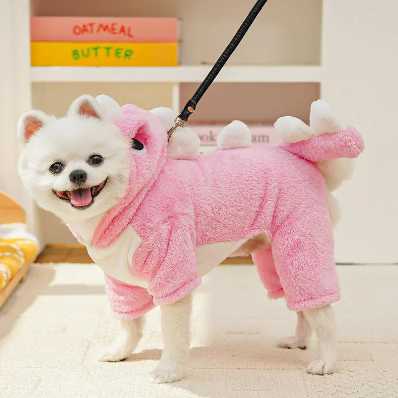 Dinosaur Transforming Dog Clothes - Flannel Winter Jumpsuit with Fun Costume Design