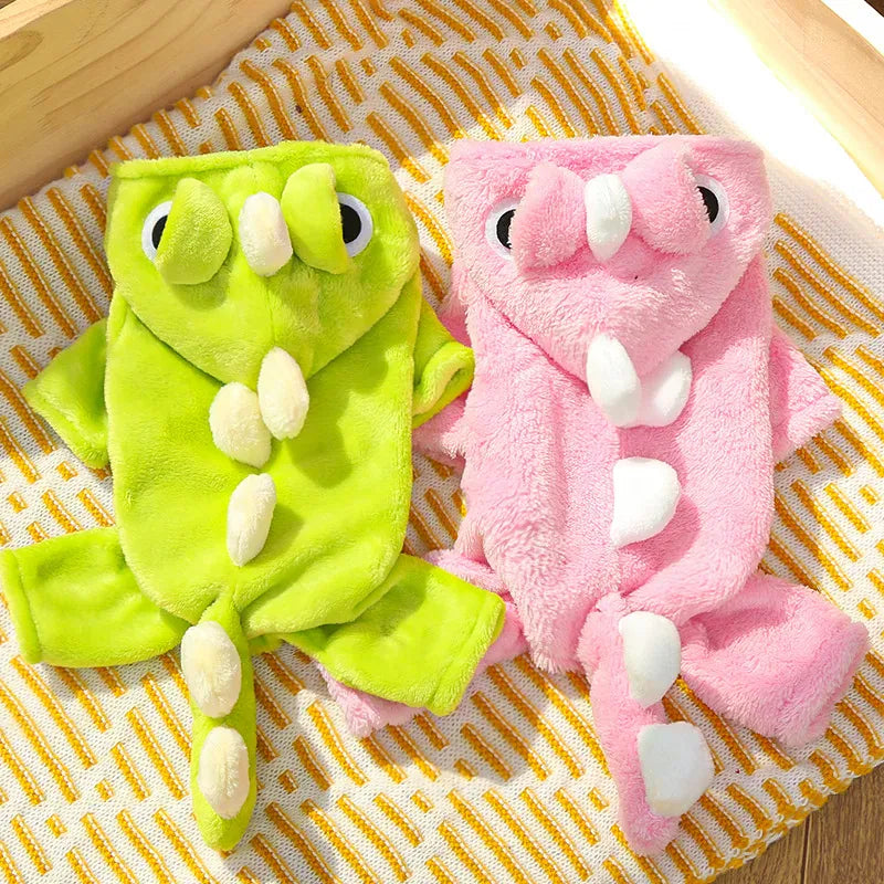 Dinosaur Transforming Dog Clothes - Flannel Winter Jumpsuit with Fun Costume Design