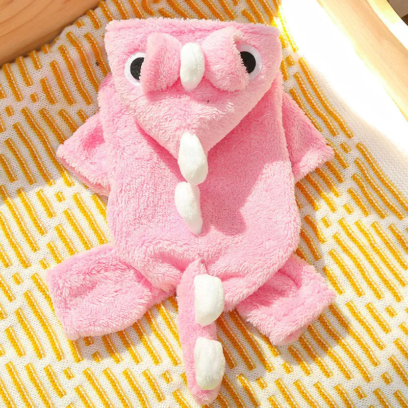 Dinosaur Transforming Dog Clothes - Flannel Winter Jumpsuit with Fun Costume Design