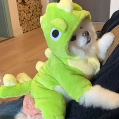 Dinosaur Transforming Dog Clothes - Flannel Winter Jumpsuit with Fun Costume Design