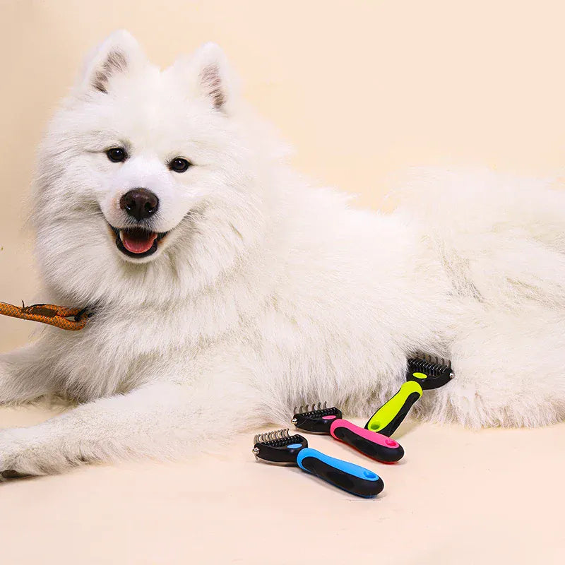 Double Sided Pet Grooming Brush - Stainless Steel Shedding & Dematting Undercoat Rake for Dogs and Cats