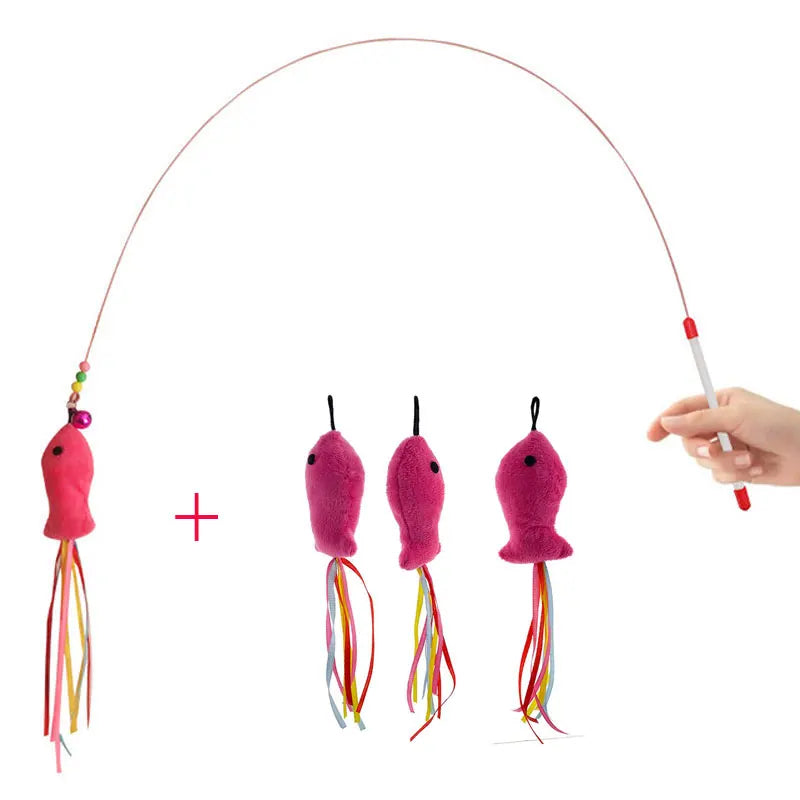 Elastic Cat Teaser Wand Toy | Interactive Plush Fish Stick | Funny Kitten Play Toy