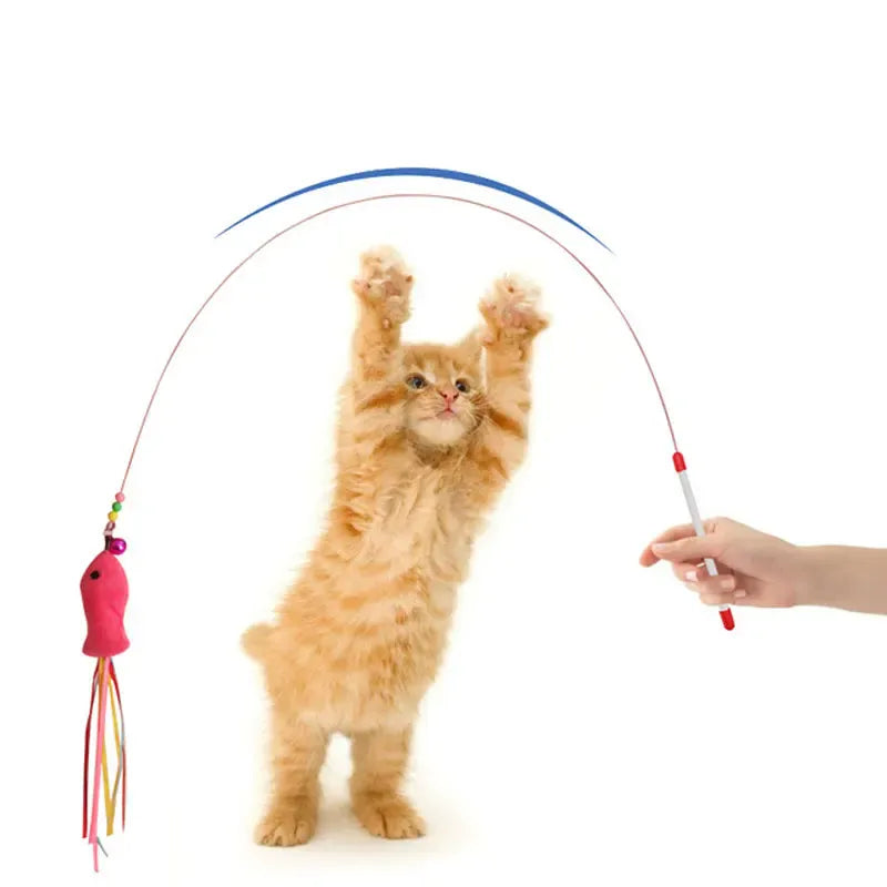 Elastic Cat Teaser Wand Toy | Interactive Plush Fish Stick | Funny Kitten Play Toy