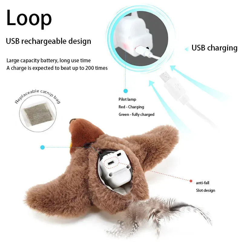 Electronic Flapping Bird Cat Toy - USB Rechargeable Touch Activated with Catnip
