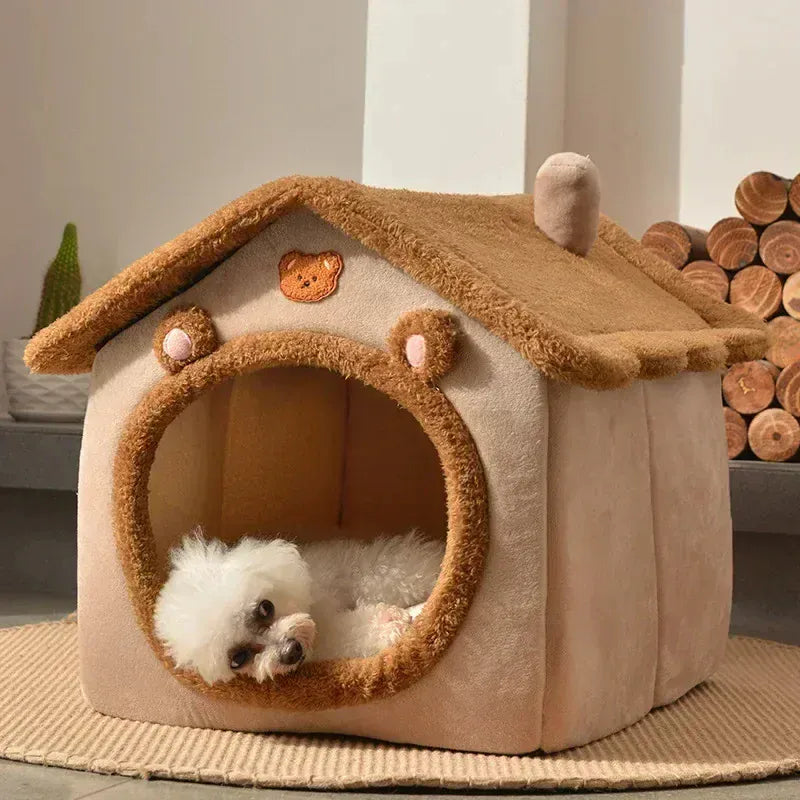 Foldable Pet House - Winter Warm Dog Bed & Cat Kennel with Removable Mattress, Arctic Velvet Folding Cabin for Small Medium Dogs & Cats