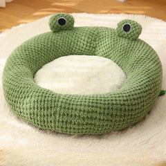 Frog Pet Nest - Winter Warm Plush Cat Bed & Small Dog House, Semi-Enclosed Puppy Villa with Removable Cushion, Anti-Slip Bottom