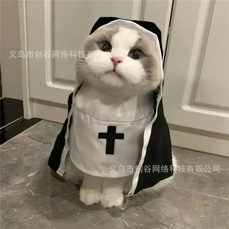 Halloween Nun Costume for Cats - Funny Pet Cosplay Cloak for Small Dogs