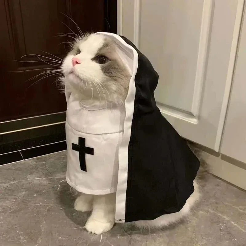 Halloween Nun Costume for Cats - Funny Pet Cosplay Cloak for Small Dogs
