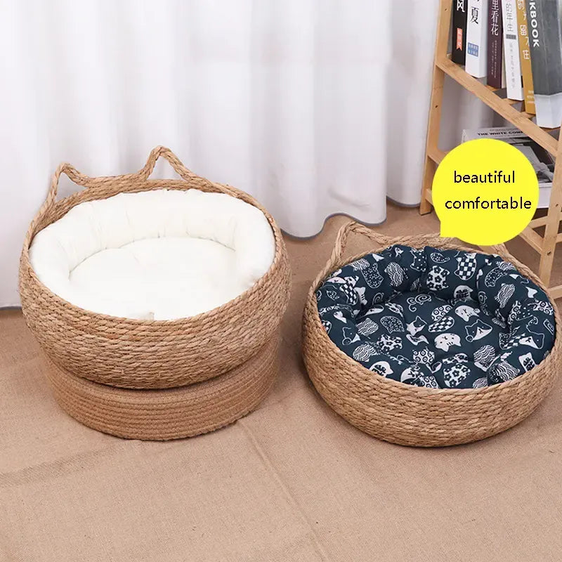 Handmade Vine Woven Cat Nest - 100% Cotton Detachable Four Seasons Bed