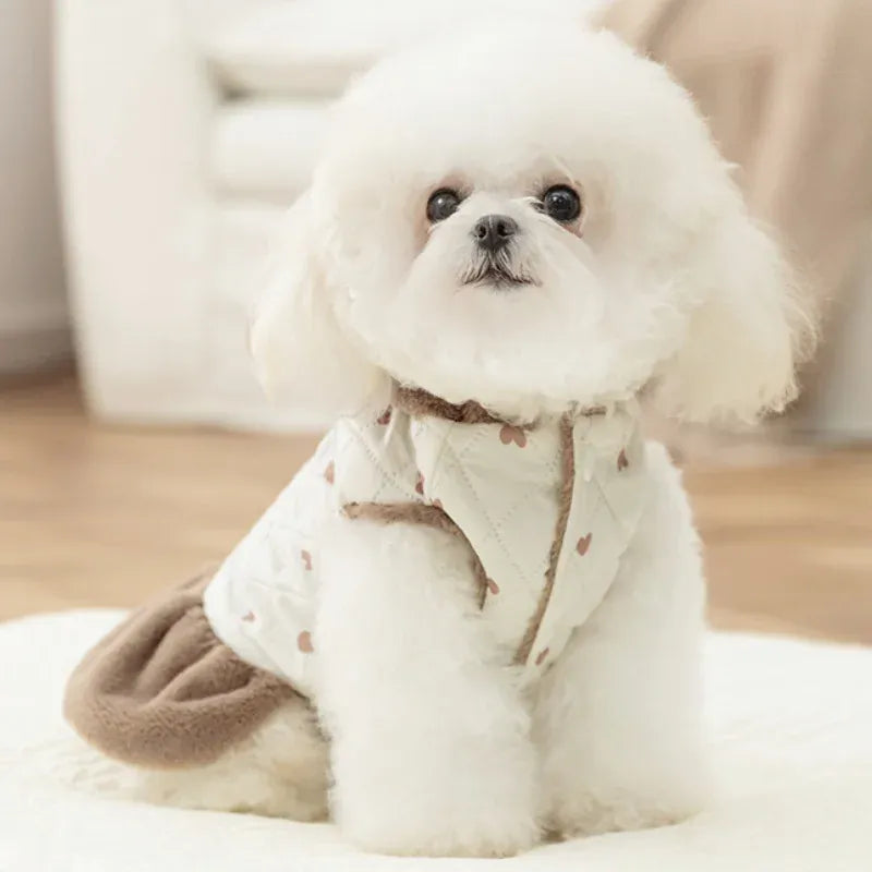 Heart Print Dog Down Jacket – Winter Warm Luxury Puppy Coat | Soft Cotton Dress for Small Dogs & Cats | Cute Chihuahua Outfit