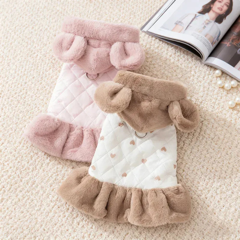 Heart Print Dog Down Jacket – Winter Warm Luxury Puppy Coat | Soft Cotton Dress for Small Dogs & Cats | Cute Chihuahua Outfit