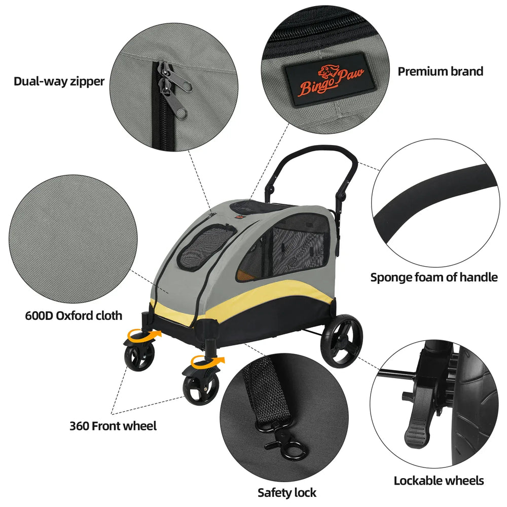 Heavy Duty Dog Stroller - 4-Wheel Foldable Carrier for Large Pets Up to 65kg