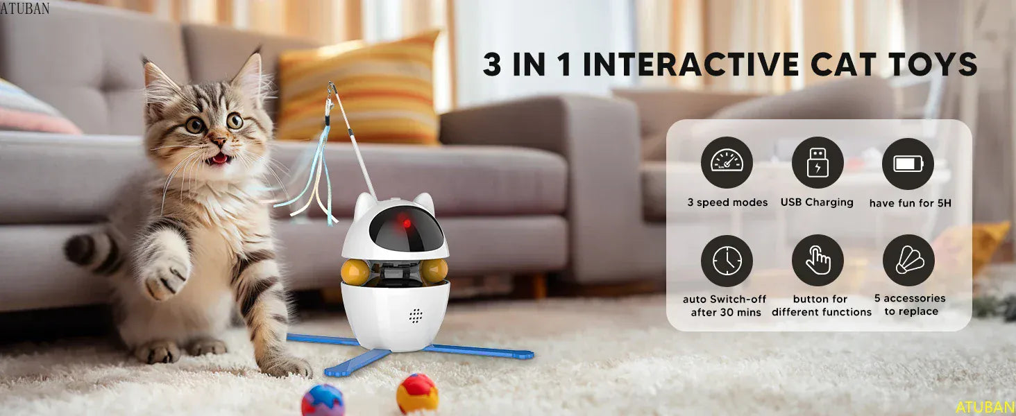 Interactive Cat Toys,3-in-1 Funny Exercise Electric Rotating Cat Toys for Indoor Cats Laser Toy, Automatic Cat Ball Kitten Toys