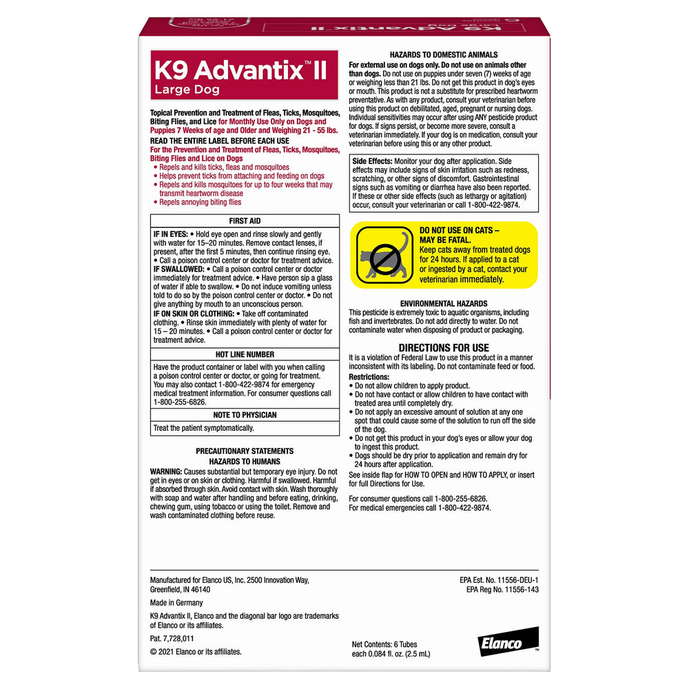 K9 Advantix II Large Dog – Vet-Recommended Flea, Tick & Mosquito Treatment for Dogs 21-55 lbs, 4-Month Supply
