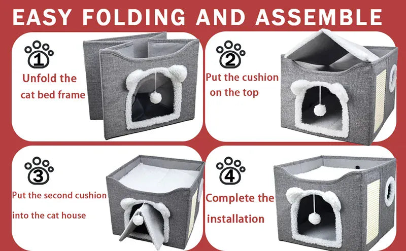Large Cat House with Hanging Ball & Scratch Pad - Foldable Washable Pet Tent