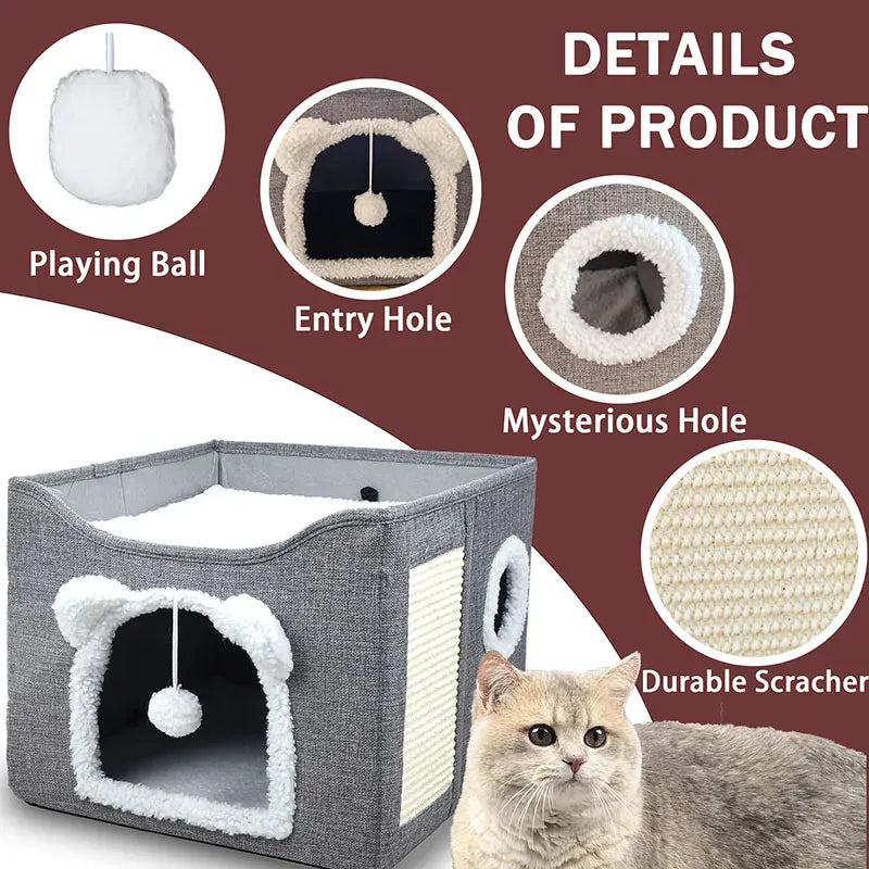 Large Cat House with Hanging Ball & Scratch Pad - Foldable Washable Pet Tent