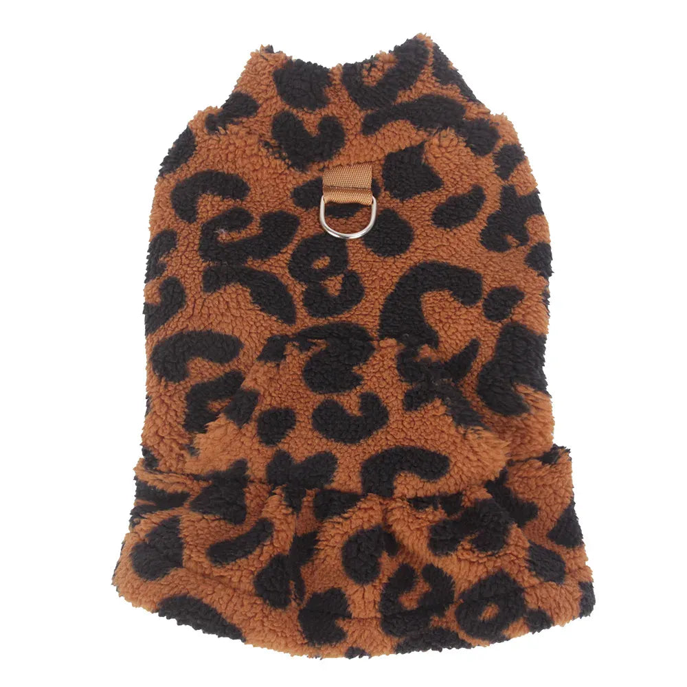 Leopard Print Dog Dress Coat - Fleece Winter Pullover with Sleeveless Design