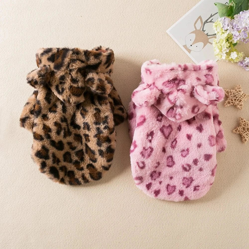 Leopard Print Fleece Hoodie - Fashion Winter Coat for French Bulldogs & Small Breeds