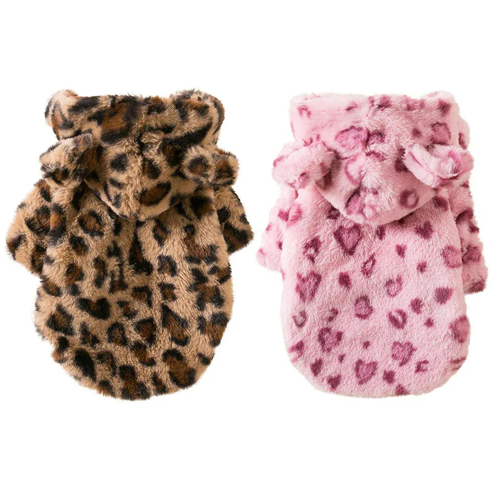 Leopard Print Fleece Hoodie - Fashion Winter Coat for French Bulldogs & Small Breeds
