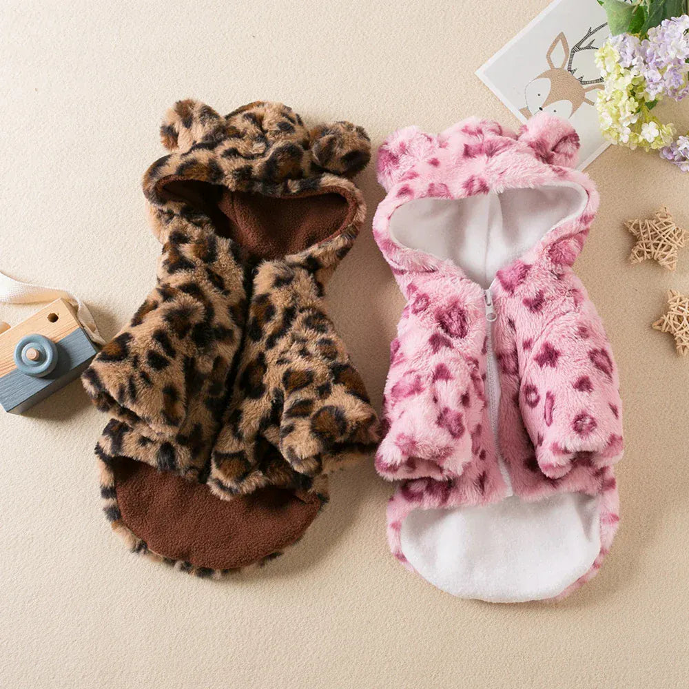 Leopard Print Fleece Hoodie - Fashion Winter Coat for French Bulldogs & Small Breeds