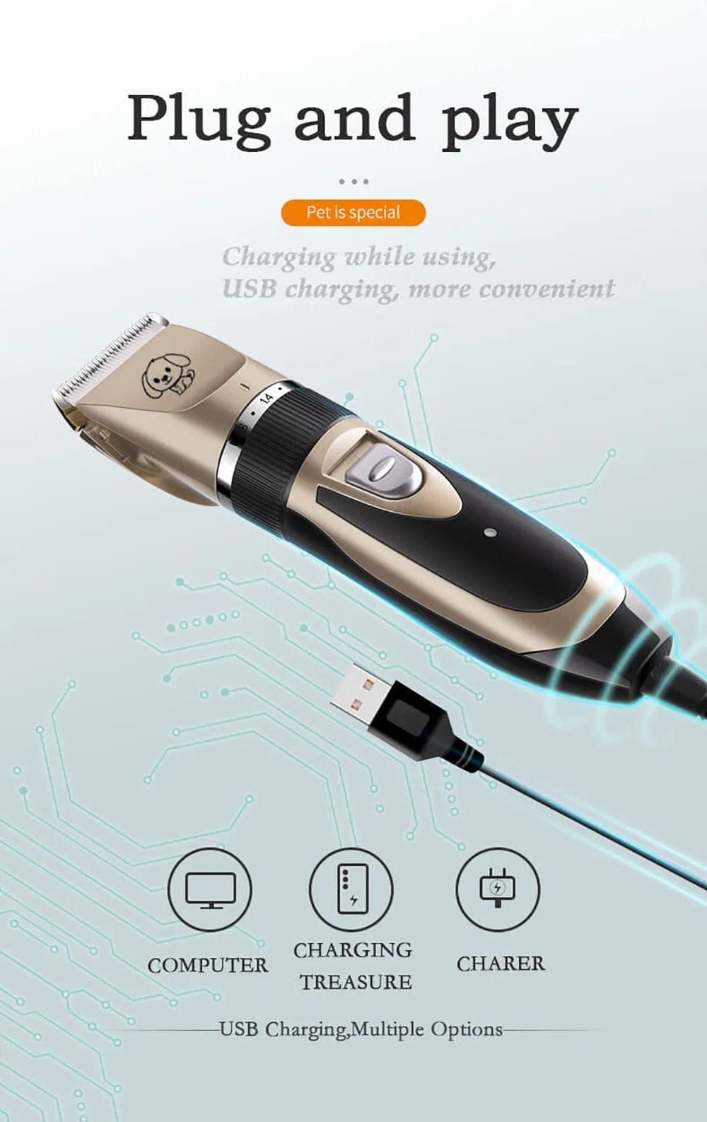 Low-Noise Dog Clippers - Rechargeable Pet Grooming Kit with 4 Guide Combs