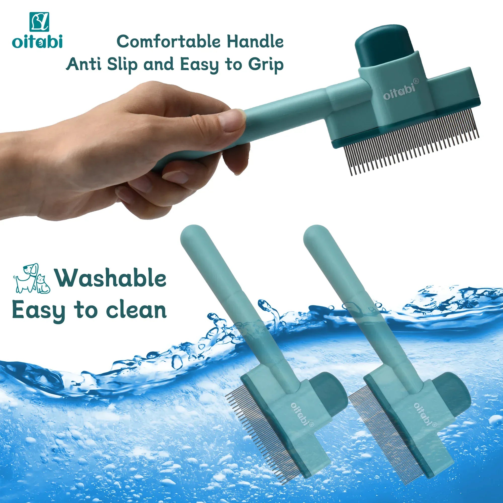 Oitabi Self-Cleaning Flea Comb for Dogs & Cats - Fine Tooth Pet Comb with Release Button, 2-Pack Grooming Tool for Flea Removal & Detangling