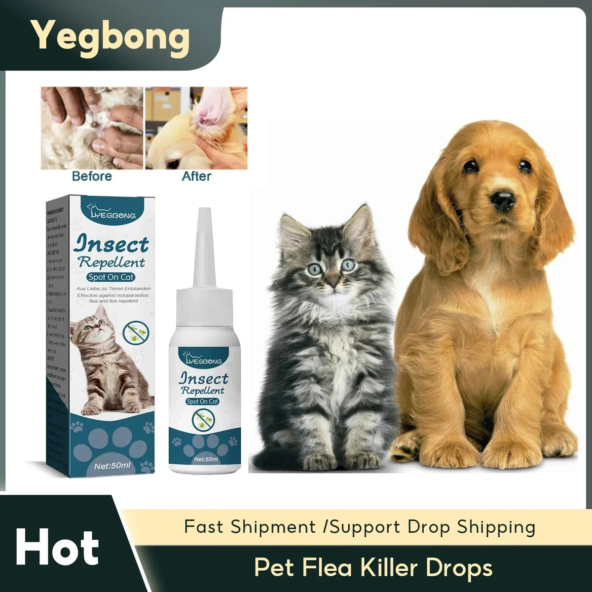 Pet Flea Killer Drops - 50ml Anti-Flea Treatment for Cats & Dogs, Tick Lice Mite Removal with Itching Relief, Ringworm Treatment